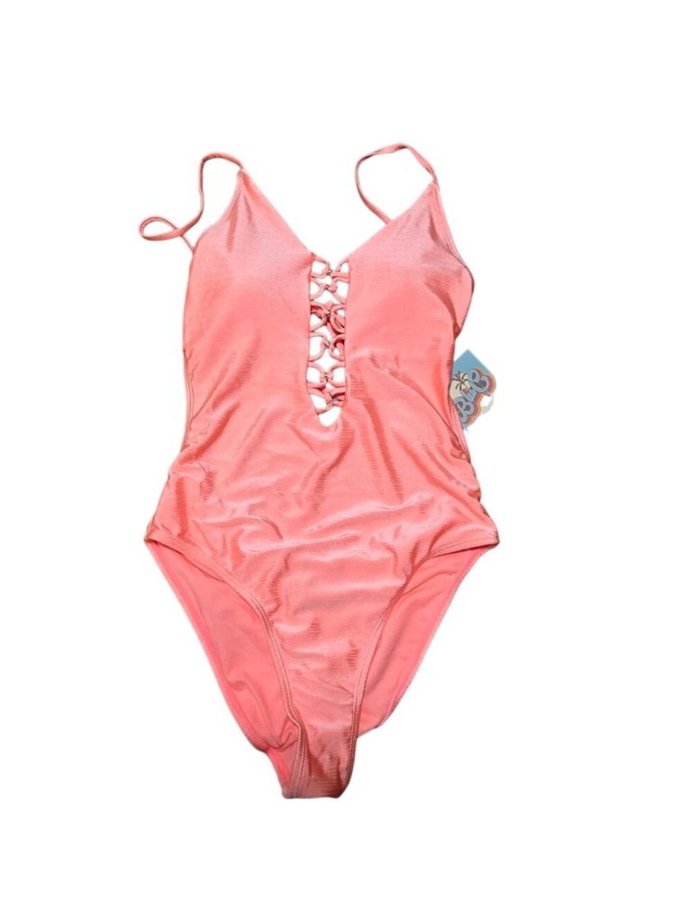 Blue C Rib Lace Up One Piece Swimsuit sz M Coral Pink